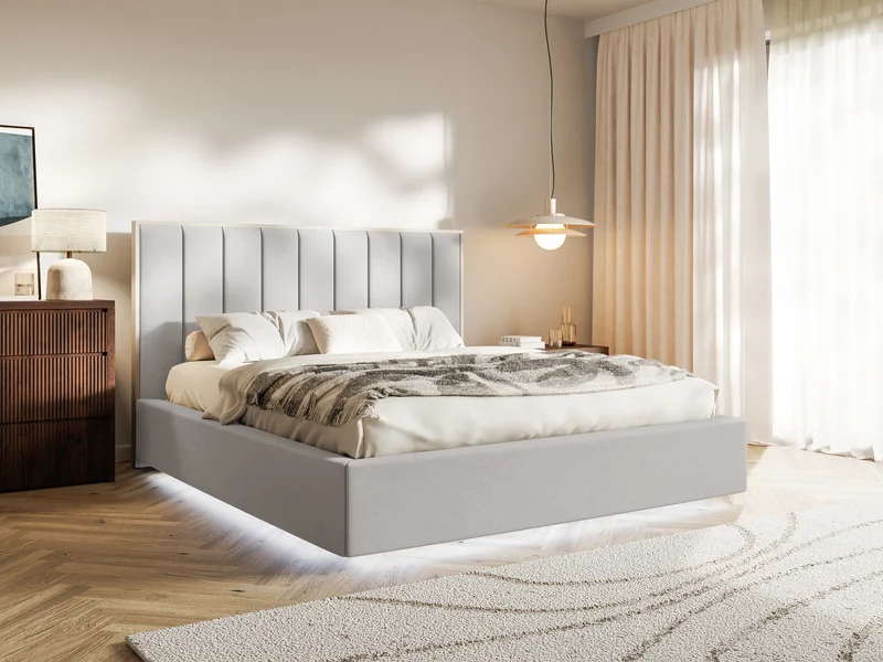 Polsterbett 180x200 cm Togents mit LED-Beleuchtung, hellgrauer Velours mit wasserabweisender Beschichtung
