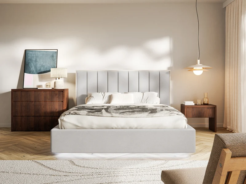Polsterbett 180x200 cm Togents mit LED-Beleuchtung, hellgrauer Velours mit wasserabweisender Beschichtung