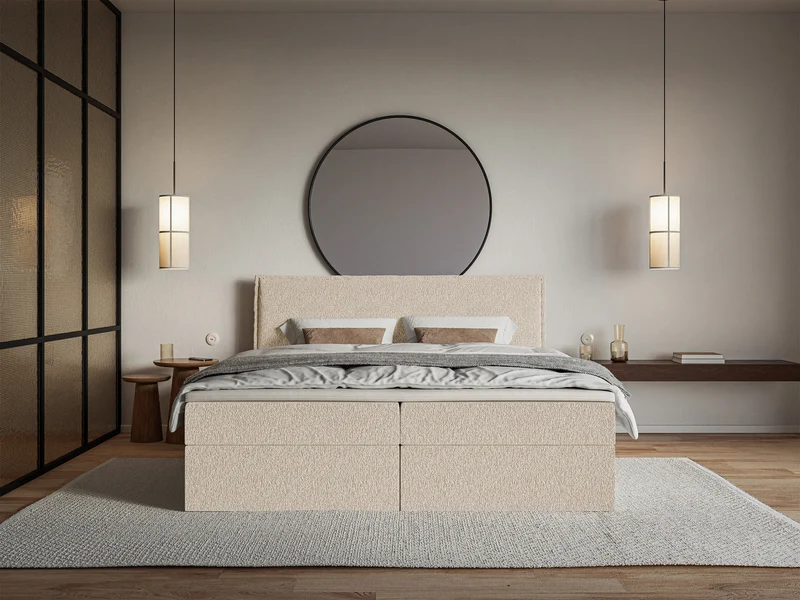 Kontinentales Bett 160x200 cm Softie mit Stauraum und Topper, hellbeige Chenille