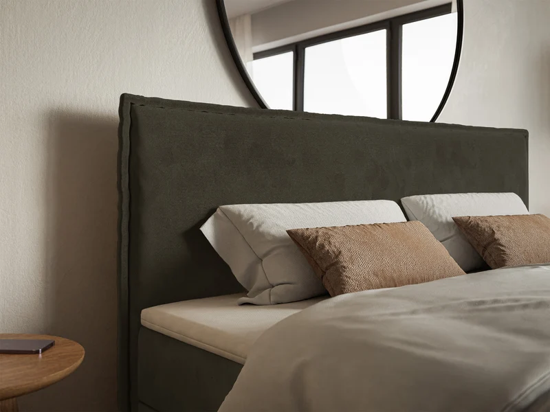 Kontinentales Bett 160x200 cm Softie mit Stauraum und Topper, dunkelgrüner hydrophober Samt