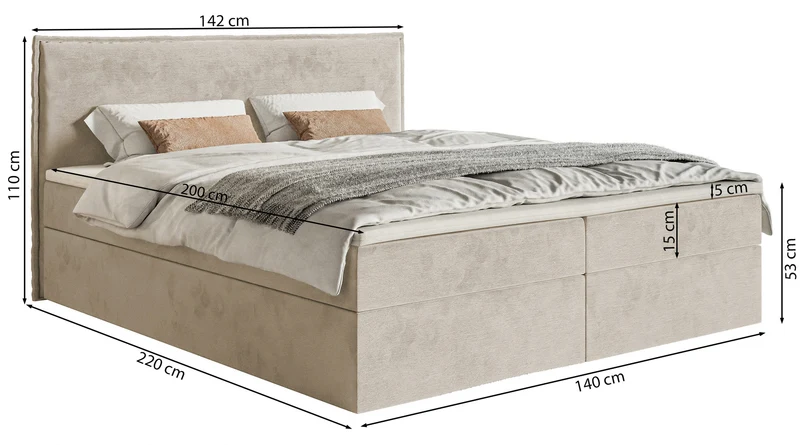 Kontinentalbett 140x200 cm Softie mit Stauraum und Topper, graubrauner Velours, wasserabweisend