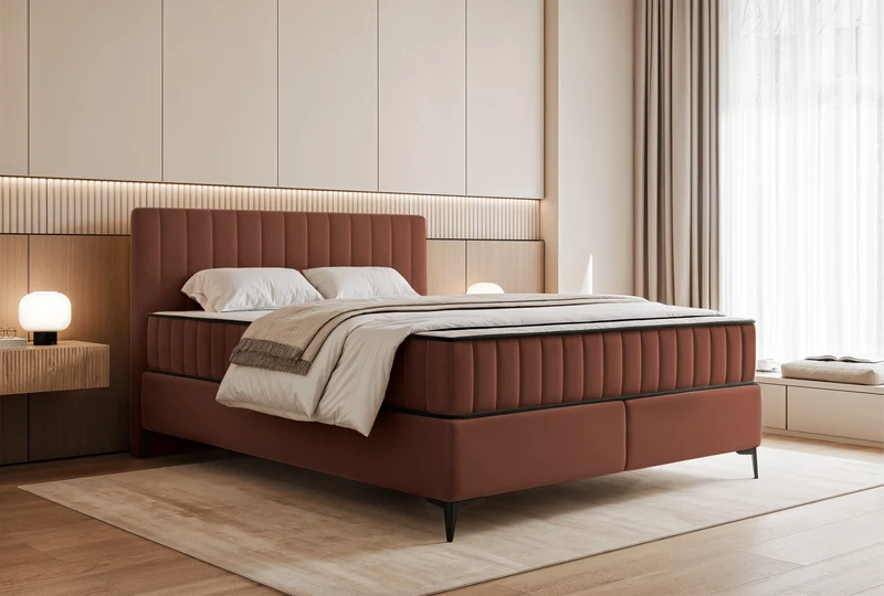 Kontinentales Bett 180x200 cm Mufasso mit Stauraum, kupferfarbener Veloursstoff, wasserabweisend