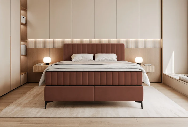 Kontinentales Bett 180x200 cm Mufasso mit Stauraum, kupferfarbener Veloursstoff, wasserabweisend