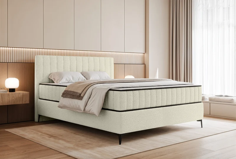 Kontinentales Bett 140x200 cm Mufasso mit Stauraum cremefarbenes Bouclé