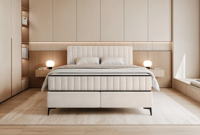 Kontinentales Bett 160x200 cm Mufasso mit Stauraum, cremefarben, wasserabweisender Samt