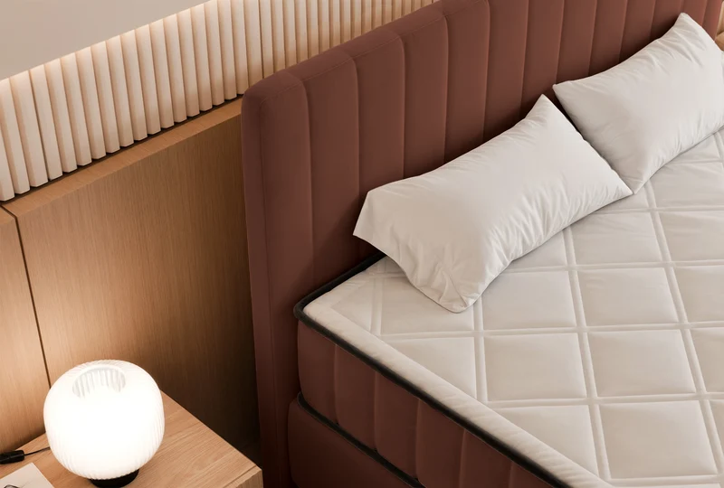 Kontinentales Bett 160x200 cm Mufasso mit Stauraum, kupferfarbener Velours, wasserabweisend