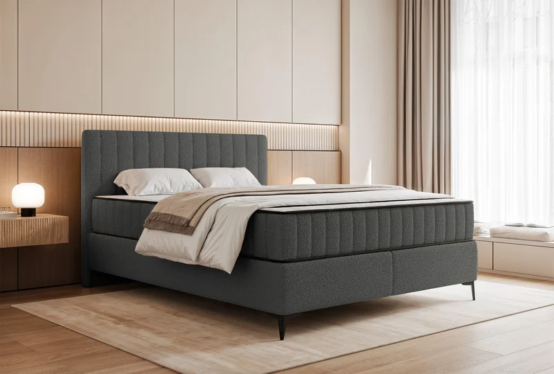Kontinentalbett 180x200 cm Mufasso mit Stauraum, dunkelgrauer Bouclé-Stoff