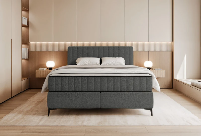 Kontinentalbett 180x200 cm Mufasso mit Stauraum, dunkelgrauer Bouclé-Stoff