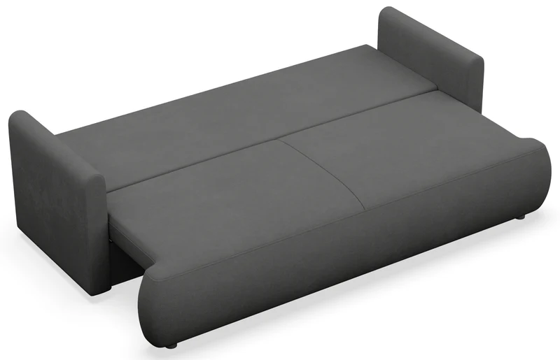Dreisitziges ausklappbares Sofa Ovo Mini mit Stauraum, dunkelgrauer Chenille, pflegeleicht
