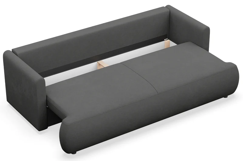 Dreisitziges ausklappbares Sofa Ovo Mini mit Stauraum, dunkelgrauer Chenille, pflegeleicht