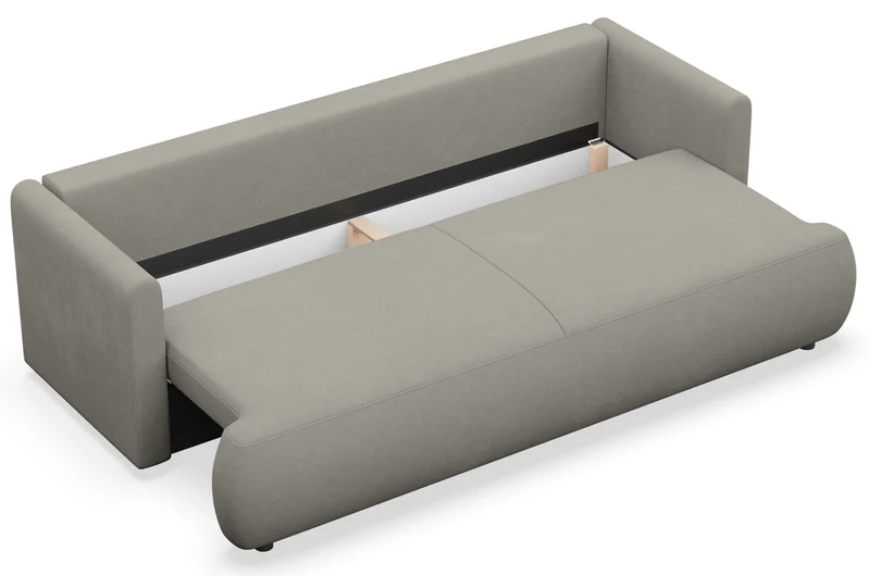 Dreisitziges ausklappbares Sofa Ovo Mini mit Stauraum, hellgrauer Chenille-Stoff, pflegeleicht