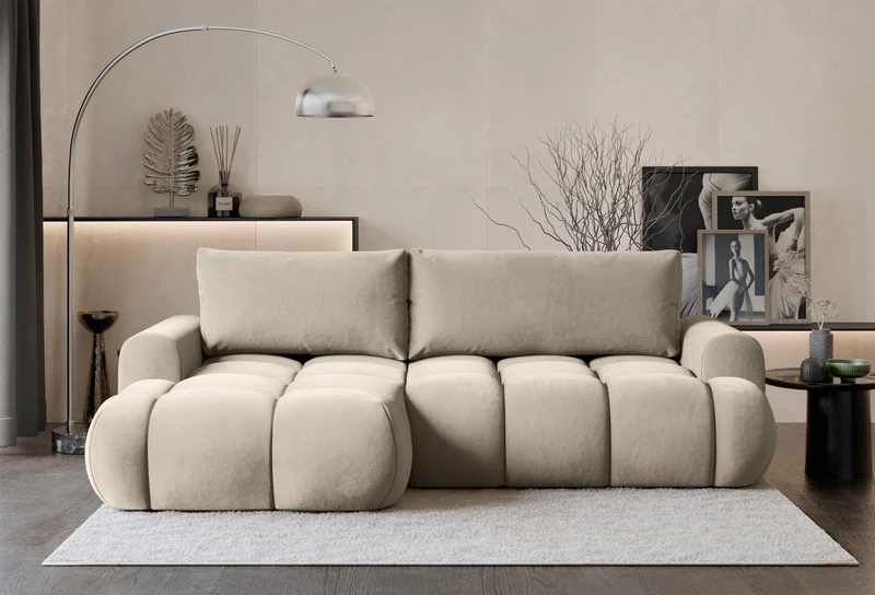 Ecksofa mit Schlafunktion Ombo Mini, L-förmig, linksseitig, mit Stauraum, beige, wasserabweisender Samt