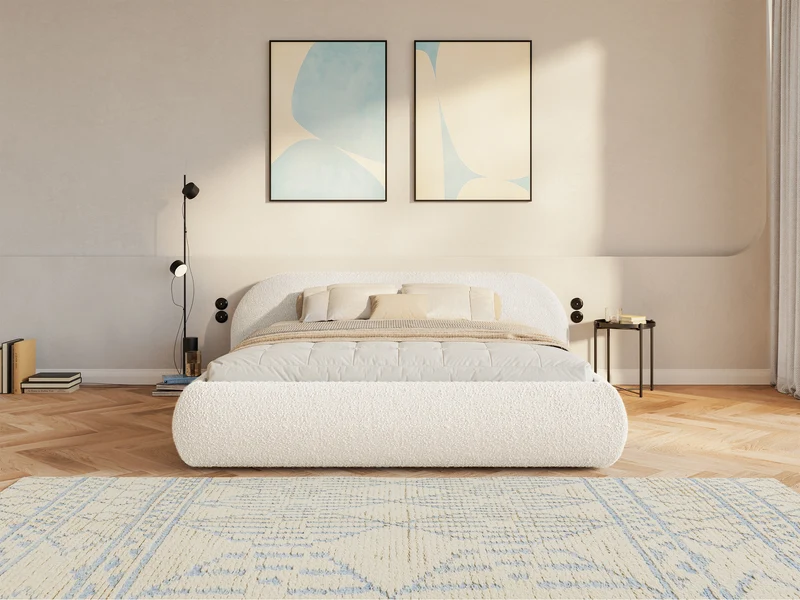 Polsterbett 140x200 cm Shels Low cremefarbenes Bouclé