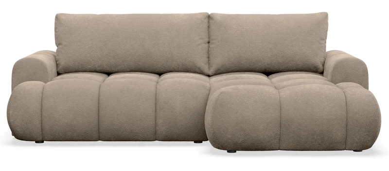 Ecksofa mit Schlaffunktion Ombo Mini, L-förmig, rechtsseitig, mit Stauraum, dunkelbeiges Bouclé