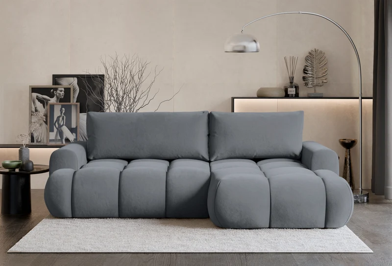 Ecksofa mit Schlaffunktion Ombo Mini, L-förmig, rechtsseitig, mit Stauraum, grauer wasserabweisender Samt