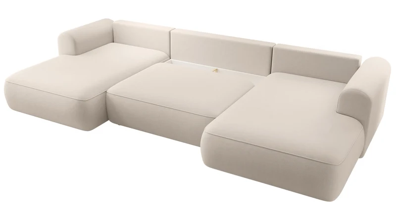 Ecksofa mit Schlaffunktion Ovo U-förmig mit Stauraum, hellbeiger, pflegeleichter Samt, universell einsetzbar