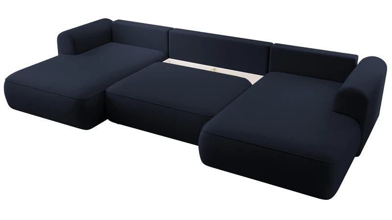 Ecksofa mit Schlaffunktion Ovo U-förmig mit Stauraum, marineblauer, pflegeleichter Samt, universell einsetzbar