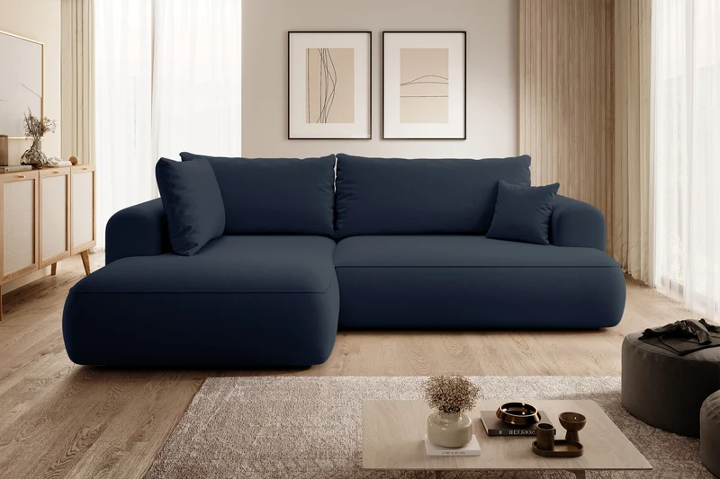 Ecksofa mit Schlaffunktion Ovo, L-förmig, mit Armlehne und Stauraum, marineblauer, leicht zu reinigender Samt, linksseitig