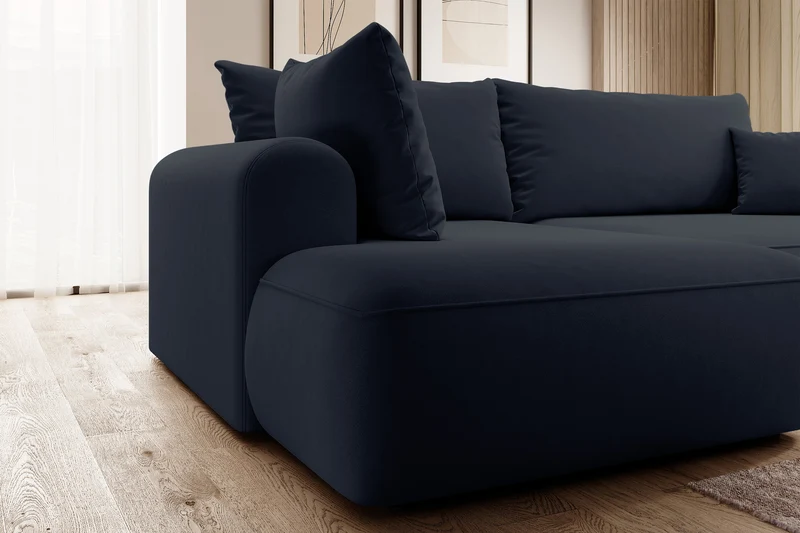 Ecksofa mit Schlaffunktion Ovo, L-förmig, mit Armlehne und Stauraum, marineblauer, leicht zu reinigender Samt, linksseitig