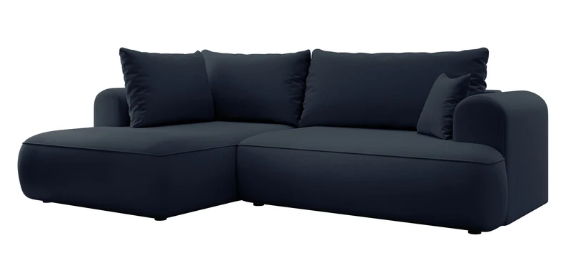 Ecksofa mit Schlaffunktion Ovo, L-förmig, mit Armlehne und Stauraum, marineblauer, leicht zu reinigender Samt, linksseitig