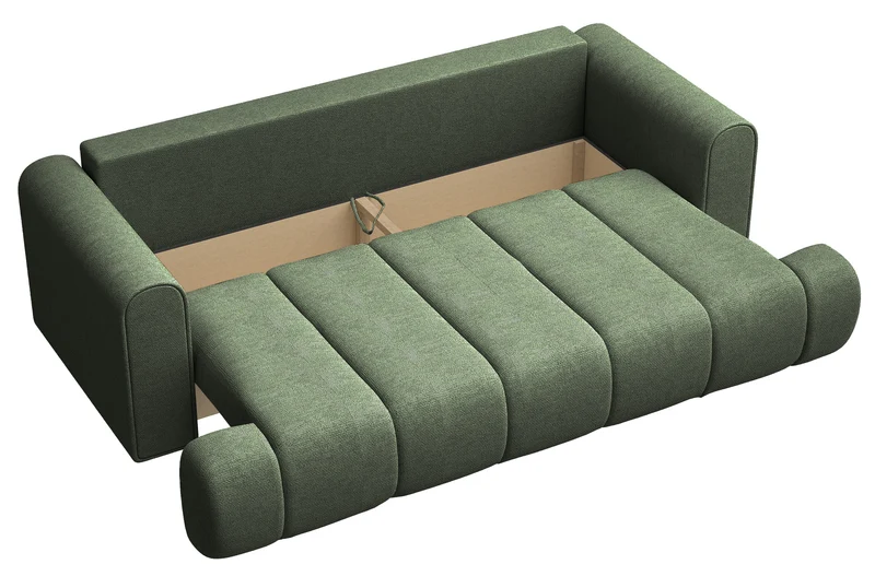 Dreisitziges Sofa Dandelino mit Schlafunktion, grüner hydrophober Chenillestoff