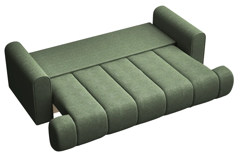 Dreisitziges Sofa Dandelino mit Schlafunktion, grüner hydrophober Chenillestoff