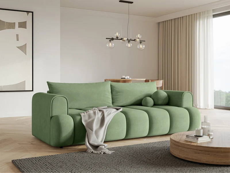 Dreisitziges Sofa Dandelino mit Schlafunktion, eukalyptusfarbener Velours, wasserabweisend