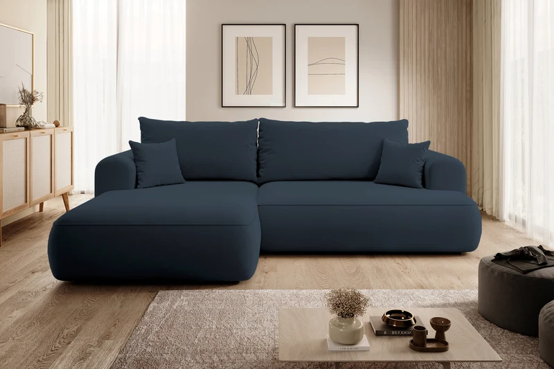 Ecksofa mit Schlaffunktion Ovo, L-förmig, marineblauer Samt mit Stauraum, aus leicht zu reinigendem Stoff, linksseitig