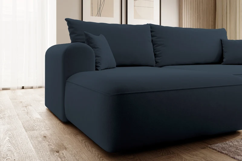 Ecksofa mit Schlaffunktion Ovo, L-förmig, marineblauer Samt mit Stauraum, aus leicht zu reinigendem Stoff, linksseitig