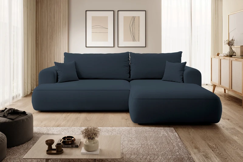 Ecksofa mit Schlaffunktion Ovo, L-förmig, marineblauer Samt, mit Stauraum, rechtsseitig, aus leicht zu reinigendem Stoff