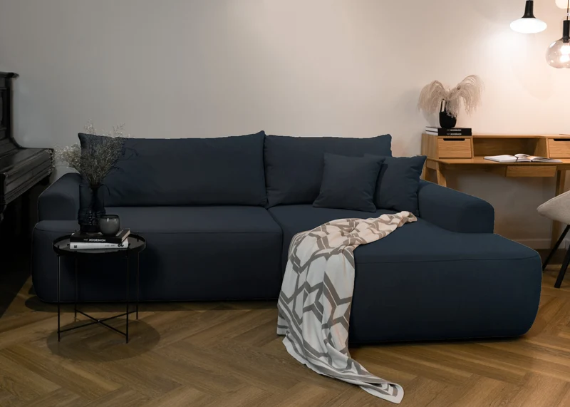 Ecksofa mit Schlaffunktion Ovo, L-förmig, marineblauer Samt, mit Stauraum, rechtsseitig, aus leicht zu reinigendem Stoff