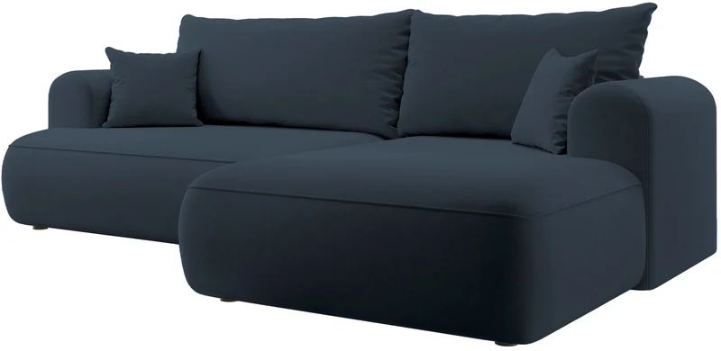 Ecksofa mit Schlaffunktion Ovo, L-förmig, marineblauer Samt, mit Stauraum, rechtsseitig, aus leicht zu reinigendem Stoff