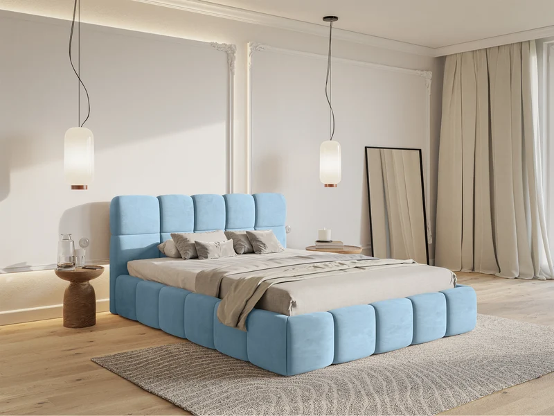 Polsterbett 180x200 cm Cloudy mit Stauraum, hellblauer Veloursstoff, wasserabweisend, pflegeleicht, Metallrahmen