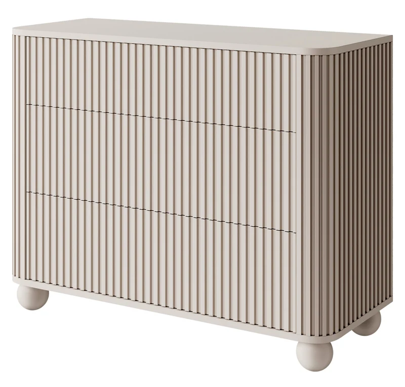 Kommode Arvello mit Fräsungen und drei Schubladen, 93 cm, auf Kugelfüßen, beige sandfarben