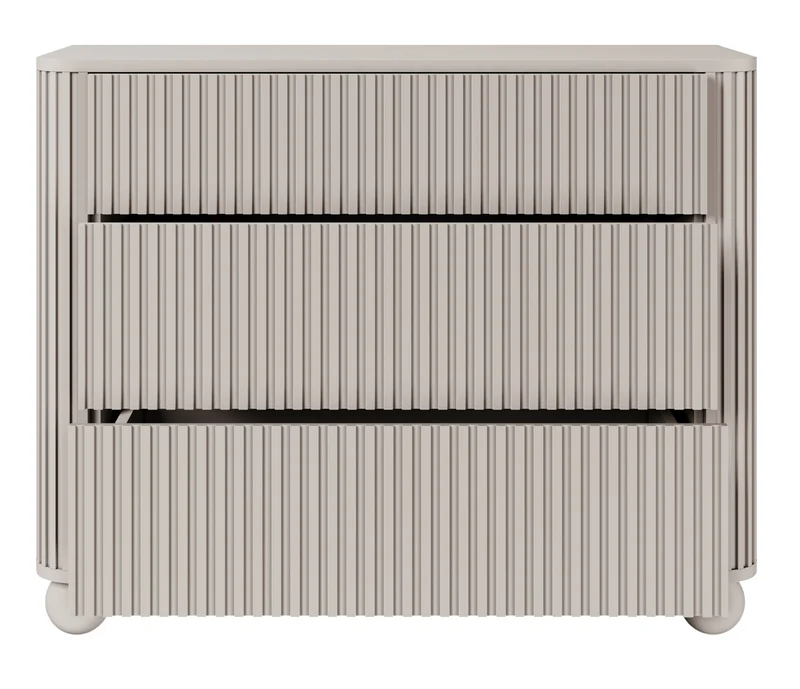 Kommode Arvello mit Fräsungen und drei Schubladen, 93 cm, auf Kugelfüßen, beige sandfarben