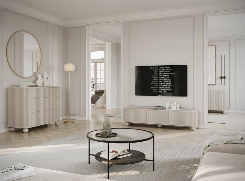 Kommode Arvello mit Fräsungen und drei Schubladen, 93 cm, auf Kugelfüßen, beige sandfarben