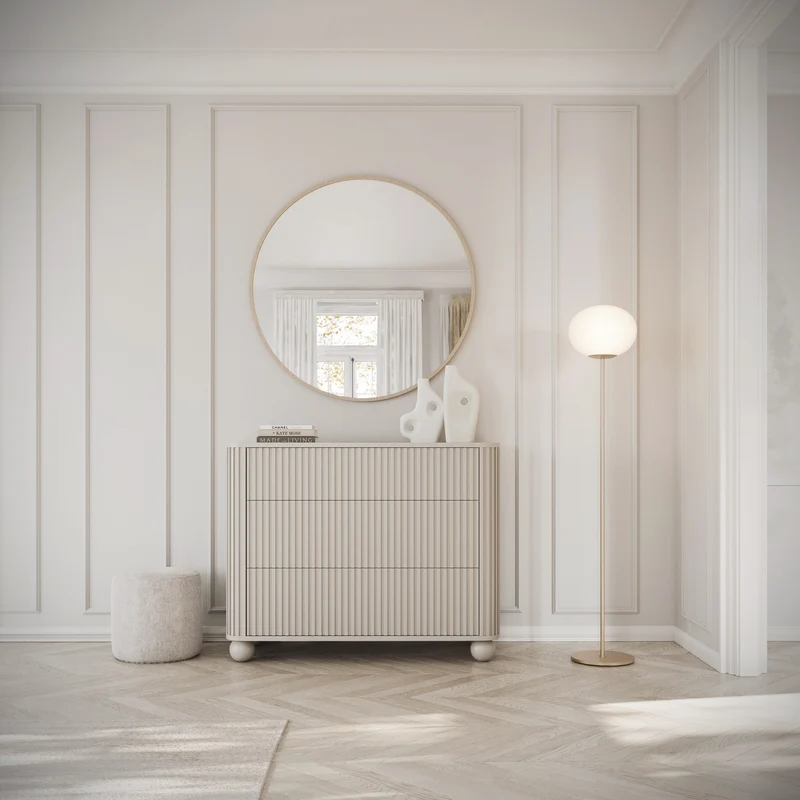 Kommode Arvello mit Fräsungen und drei Schubladen, 93 cm, auf Kugelfüßen, beige sandfarben
