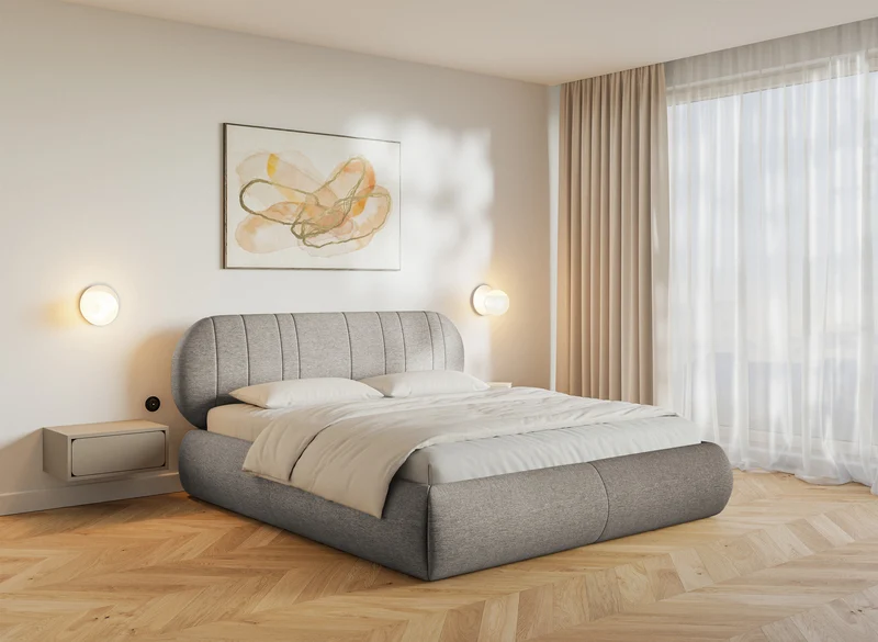 Gepolstertes Bett 160x200 cm Asmelio in grau-beigem Flechtmuster