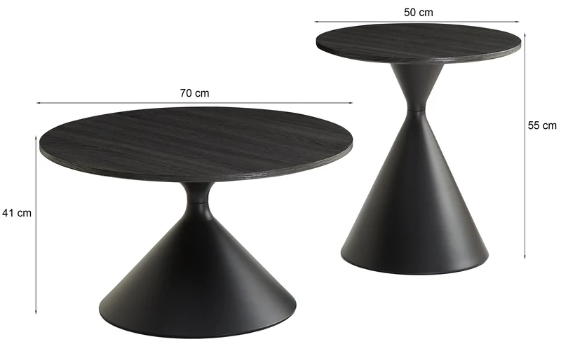 Adrize runde Kaffeetisch-Sets 50 und 70 cm, schwarzes Furnier mit Metallgestell