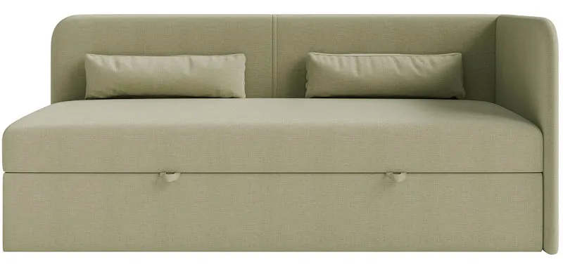 Jugendbett 90x200 cm Calmmo, rechtsseitig mit Stauraum, olivgrüner wasserabweisender Chenille-Stoff