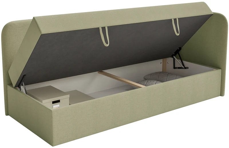 Jugendbett 90x200 cm Calmmo, rechtsseitig mit Stauraum, olivgrüner wasserabweisender Chenille-Stoff