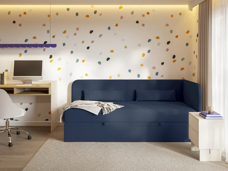 Jugendbett 90x200 cm Calmmo, rechtsseitig mit Stauraum, marineblauer hydrophober Chenille-Stoff