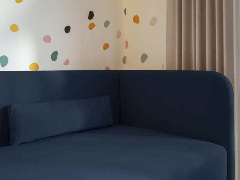 Jugendbett 90x200 cm Calmmo, rechtsseitig mit Stauraum, marineblauer hydrophober Chenille-Stoff