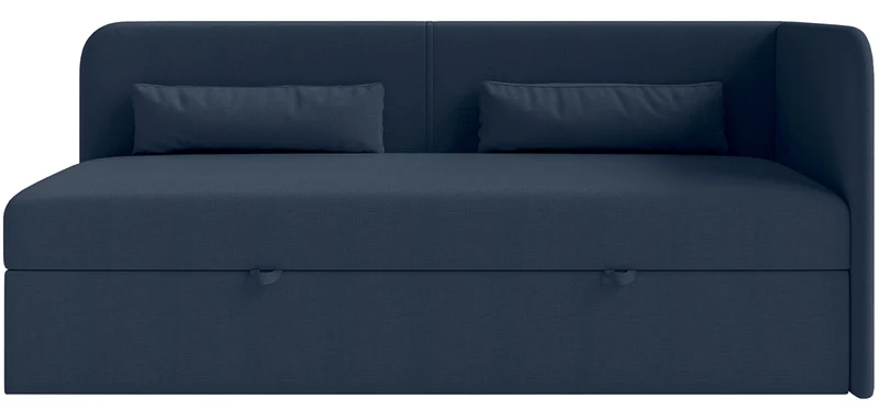 Jugendbett 90x200 cm Calmmo, rechtsseitig mit Stauraum, marineblauer hydrophober Chenille-Stoff