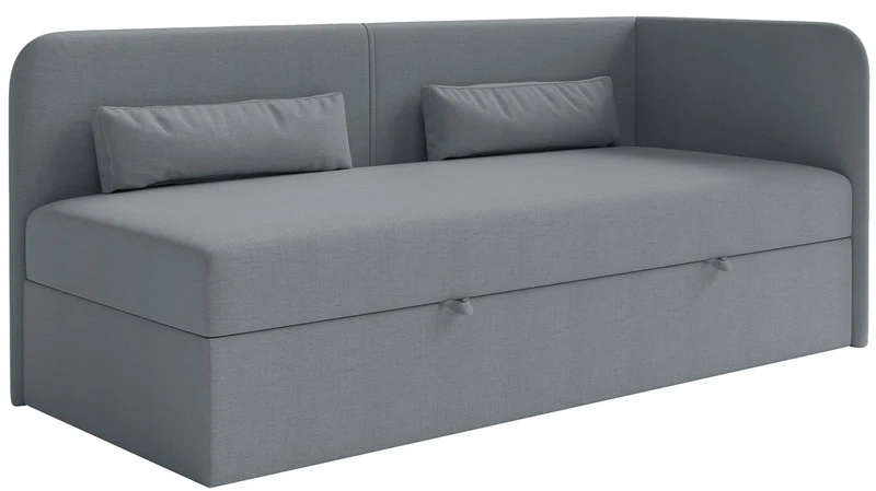 Jugendbett 90x200 cm Calmmo rechtsseitig mit Stauraum, dunkelgrauer hydrophober Chenille-Stoff