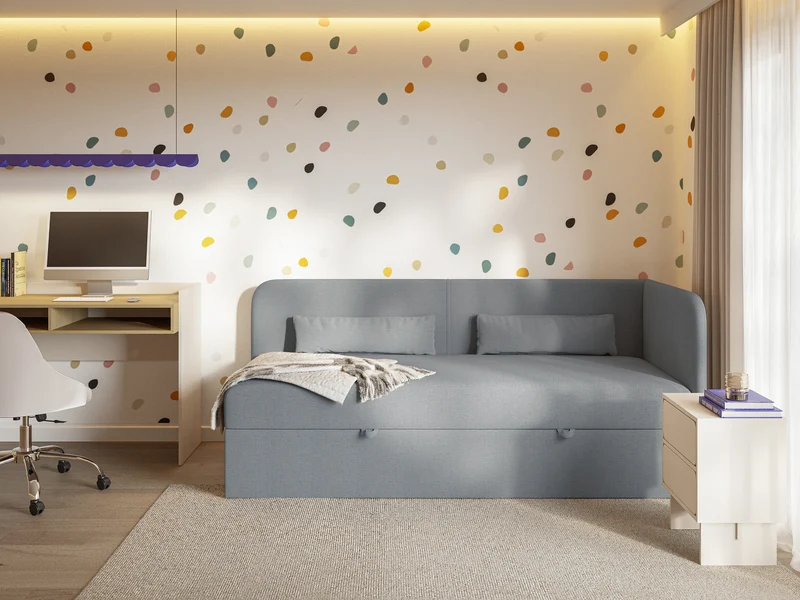 Jugendbett 90x200 cm Calmmo rechtsseitig mit Stauraum, dunkelgrauer hydrophober Chenille-Stoff