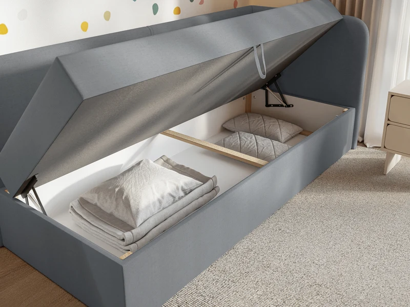 Jugendbett 90x200 cm Calmmo rechtsseitig mit Stauraum, dunkelgrauer hydrophober Chenille-Stoff
