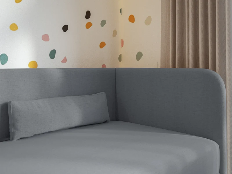 Jugendbett 90x200 cm Calmmo rechtsseitig mit Stauraum, dunkelgrauer hydrophober Chenille-Stoff
