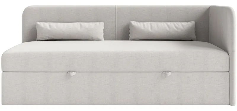 Jugendbett 90x200 cm Calmmo, rechtsseitig mit Stauraum, hellgrauer hydrophober Chenillestoff