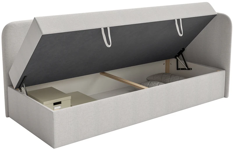 Jugendbett 90x200 cm Calmmo, rechtsseitig mit Stauraum, hellgrauer hydrophober Chenillestoff